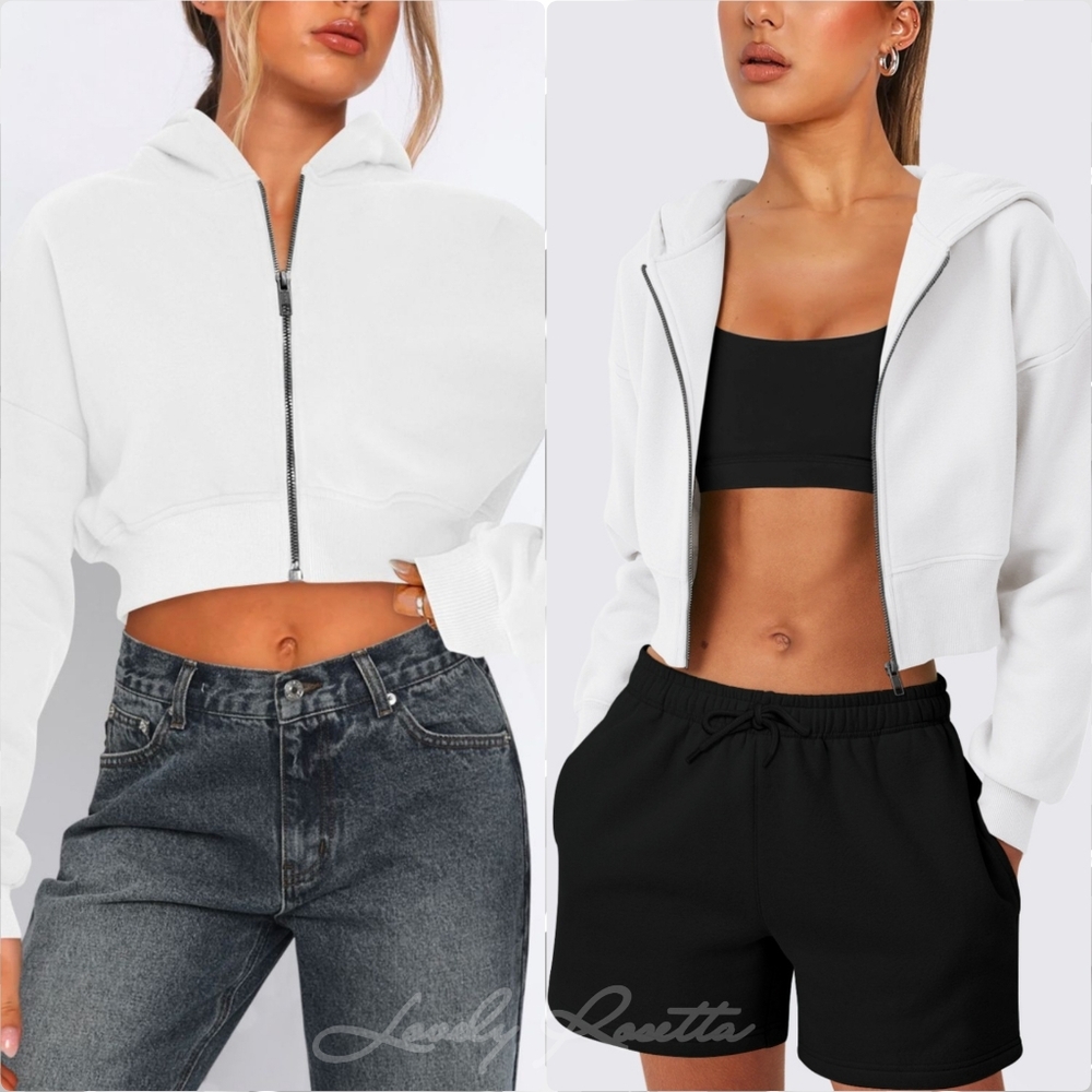 White Cropped Hooded Zip-Up Jacket